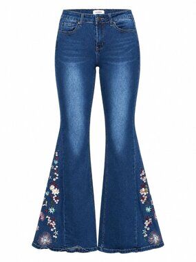 Bamboo Blue Flare Jeans Embroidered Boho Floral Festival Denim Retro Y2K Style